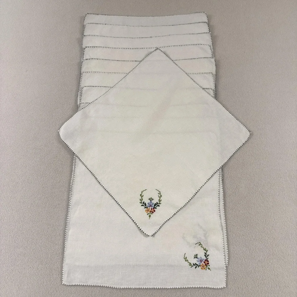Vtg White Dinner Napkins Linen Cotton Embroidered Cross Stitch Blanket Edge 11
